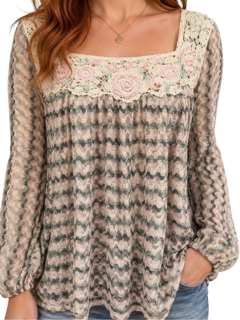 New Romantics Free People Crochet Yoke Embellished Tunic Top Pink Cream Green